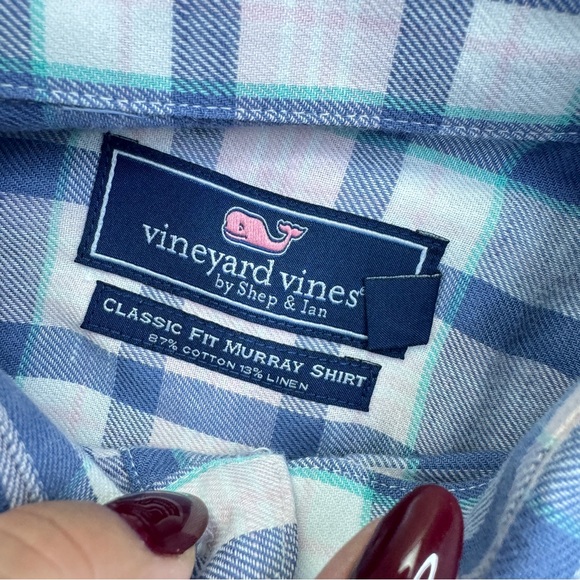 Vineyard Vines Classic Fit Murray Shirt Blue Pink Check Mens Size S Linen Blend - Picture 13 of 14
